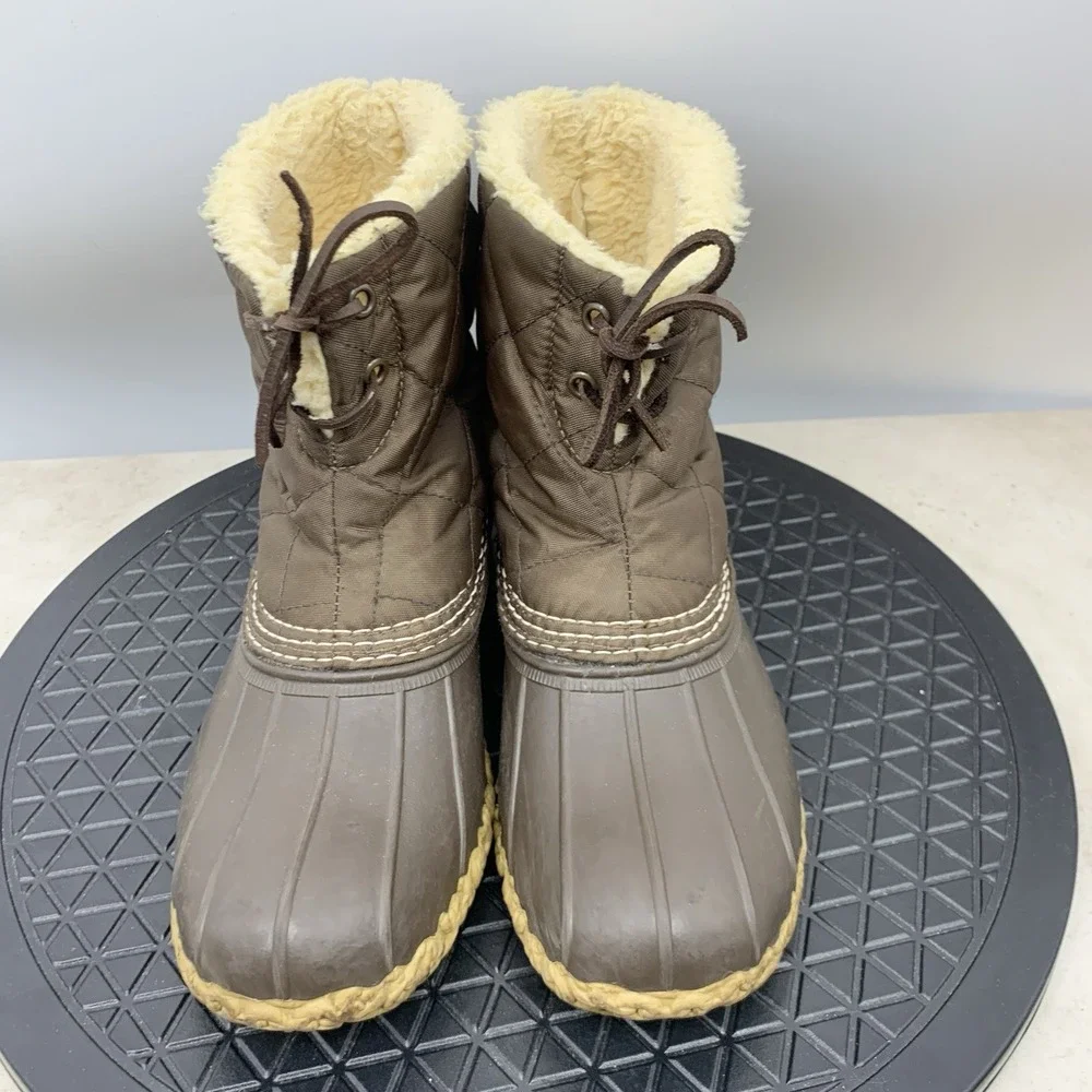 LL Bean Boots Women Size 7 Shoes Brown Quilted‎ Nylon Rubber Shearling Fleece